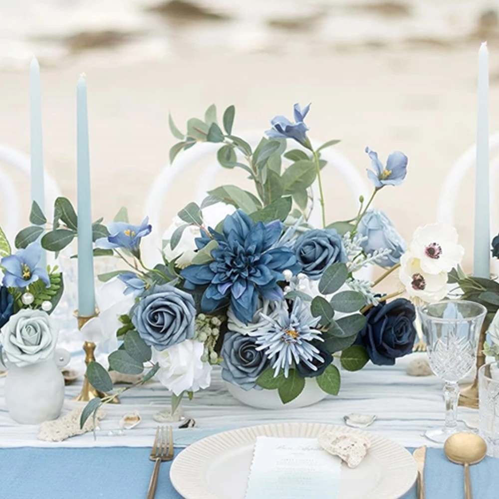 Blue and white rose artificial flower combination box, bridal bouquet, outdoor/indoor DIY decoration, holiday decoration flowers