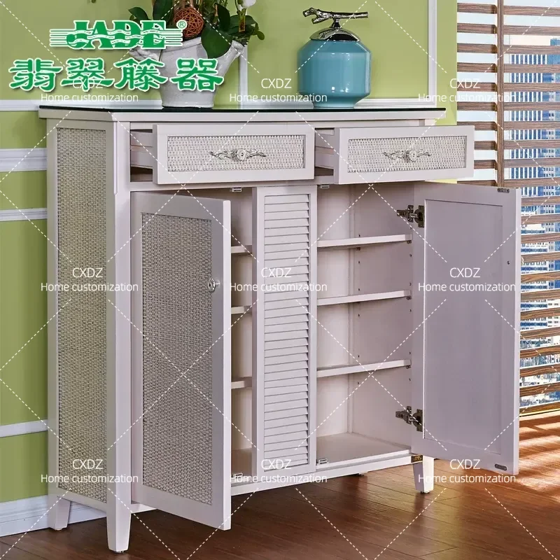 Modern Solid Wood Shoe Cabinet with Jade Rattan Art Design Two Door Large Capacity Storage Locker for Porch Entryway Home