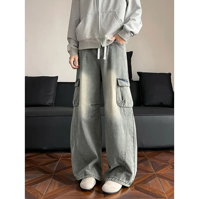 

American Washed Men's Jeans Spring Autumn Workwear Large Pocket Oversize Handsome Straight Leg Wide Leg Pants Casual Style