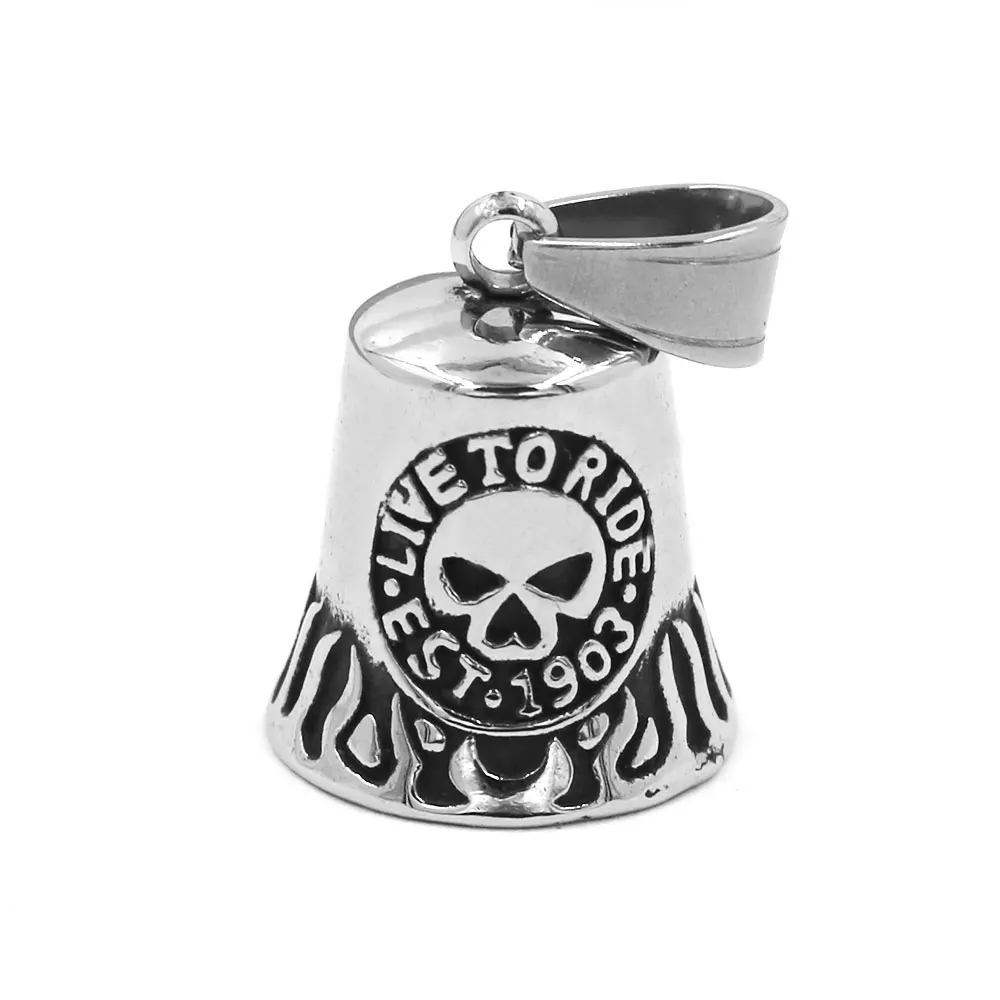 Fashion Flame Live To Ride Skull Biker Bell Pendant Necklace Stainless Steel Rune Bell Charm Jewelry Christmas Gift