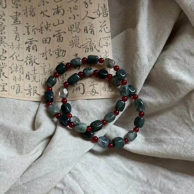 Natural Aquatic Agate Bracelet New Chinese Style Green Red Contrast Cool Niche Vintage Chinese Jewelry
