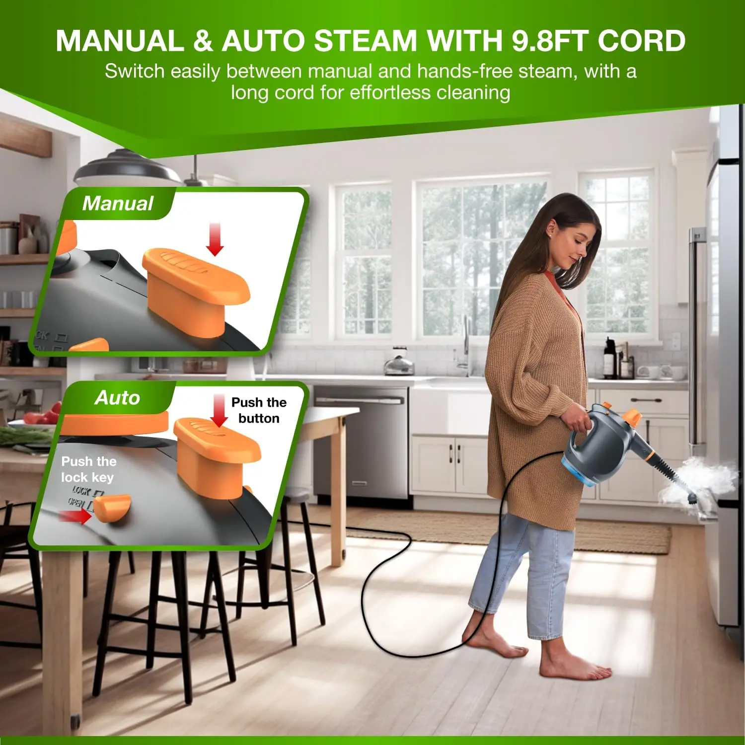 Handheld Steam Cleaner 1250W with Detergent Tank – Multi-Use Steamer for Home, Kitchen, Bathroom, Car