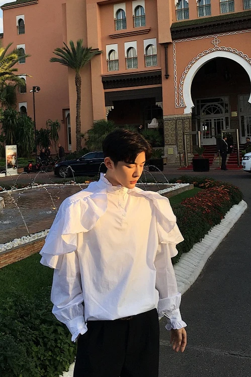 Men French Palace Cape Long SLeeve Blouse Ruffles Stand Collar Retro Tops Banquet Gentleman Victorian Boutique Tuxedo Shirts