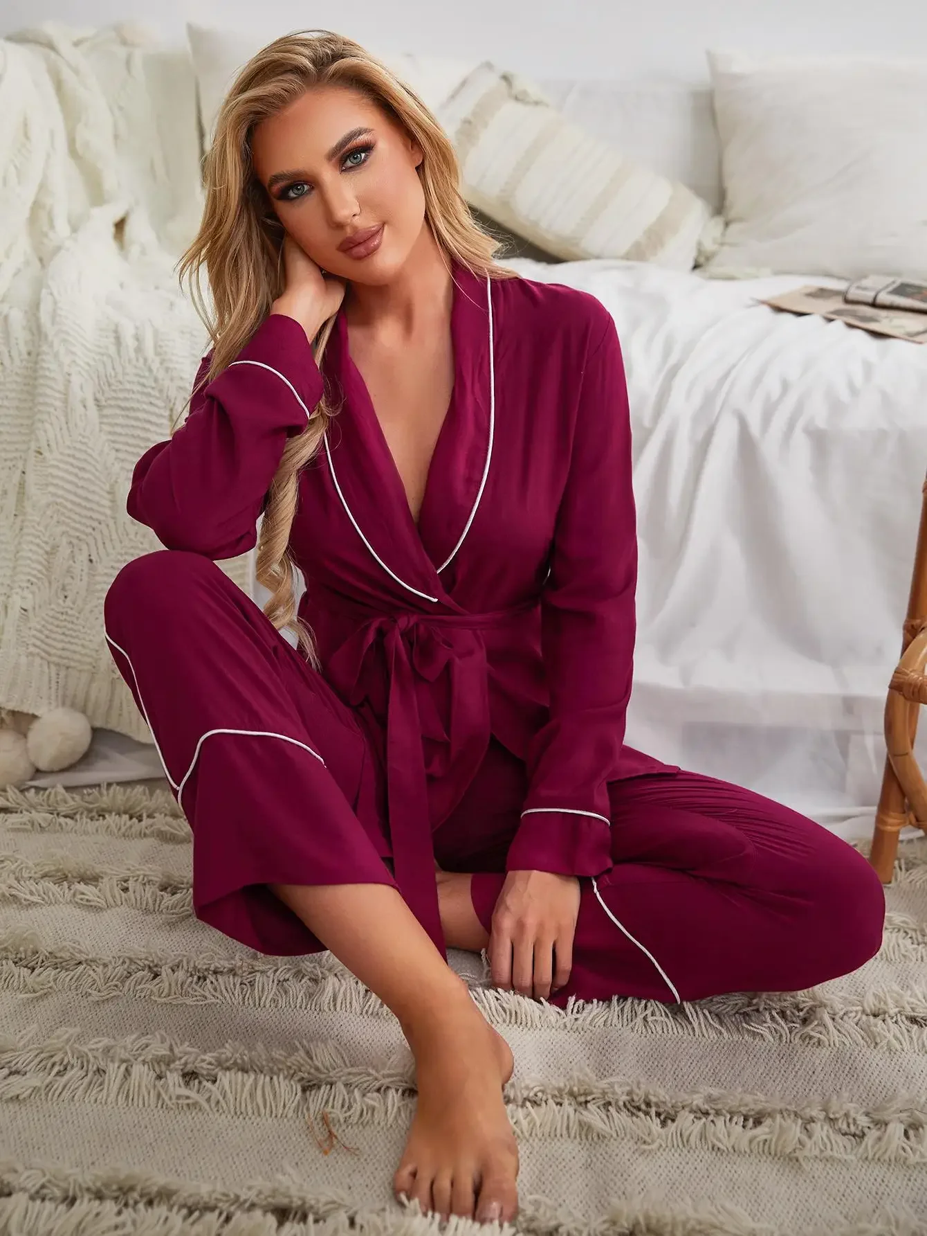 Solid Women Pajama Set Wrap V Neck Long Sleeves Waist Belt Top & Long Pants Sleepwear 2 Pieces Female Nightwear Homwear Cloth