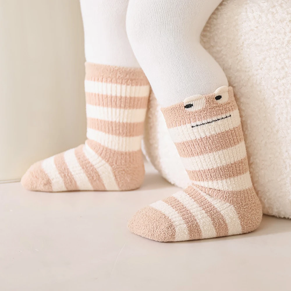 5 Pairs/Lot Coral Fleece Baby Socks Autumn Winter Thick Warm Infant Mid-calf Socks Cute Cartoon Frog Striped Toddler Socks Soft