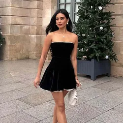 YENKYE Black Strapless Christmas Dress Sexy A Line Vintage Velvet Party Mini Dresses Elegant Women Dresses