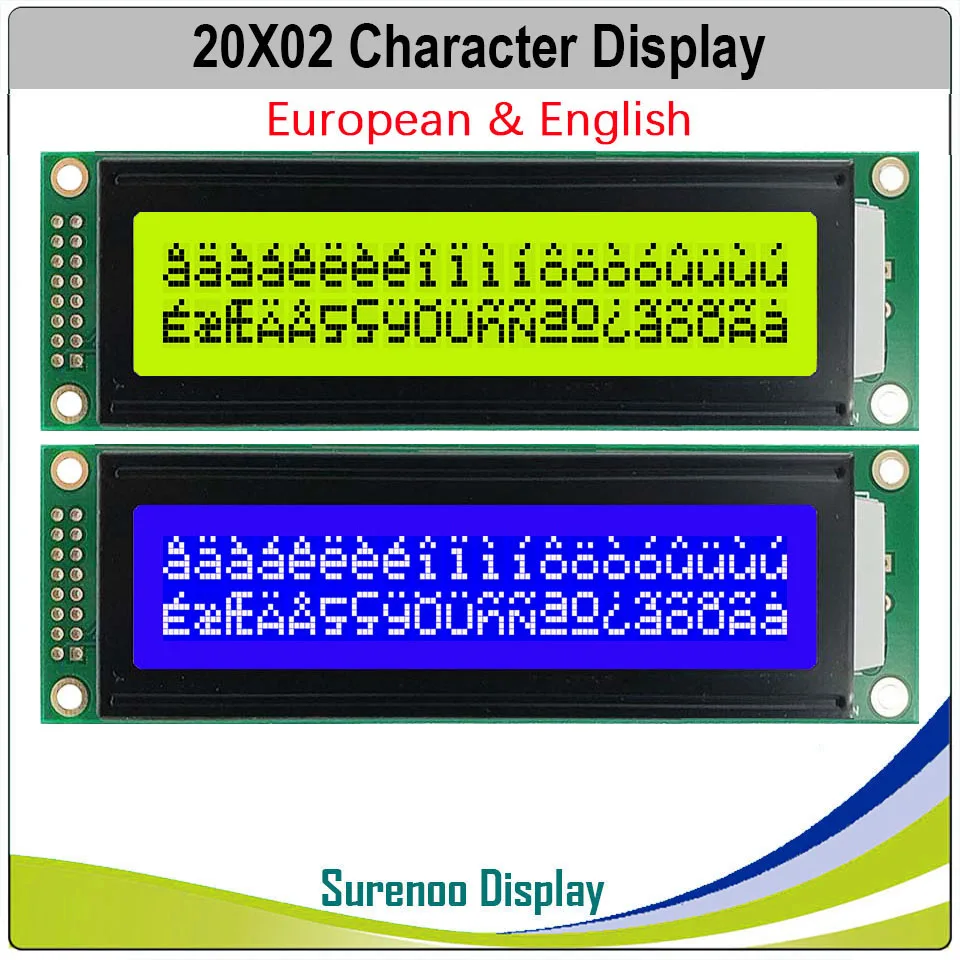 

European English 202 20X2 2002 Character LCD Module Display Screen Panel LCM STN Yellow Green Blue LED Backlight