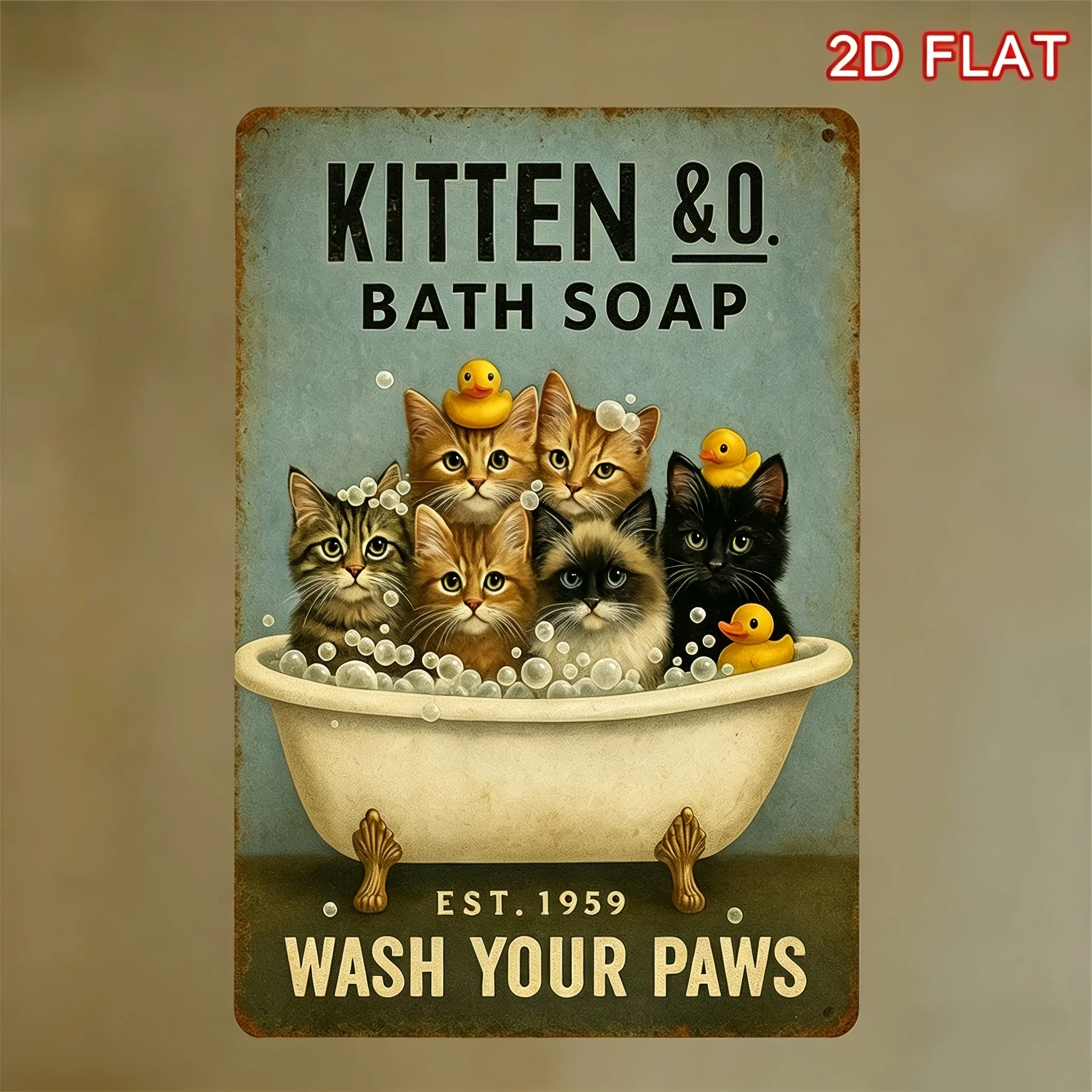 2D Flat, 2D Flat 1pc Vintage Tabby Tuxedo Cat and Calico Kitten in Bathtub Metal Wall Decor - Rustic Farmhouse Style Sign Sui