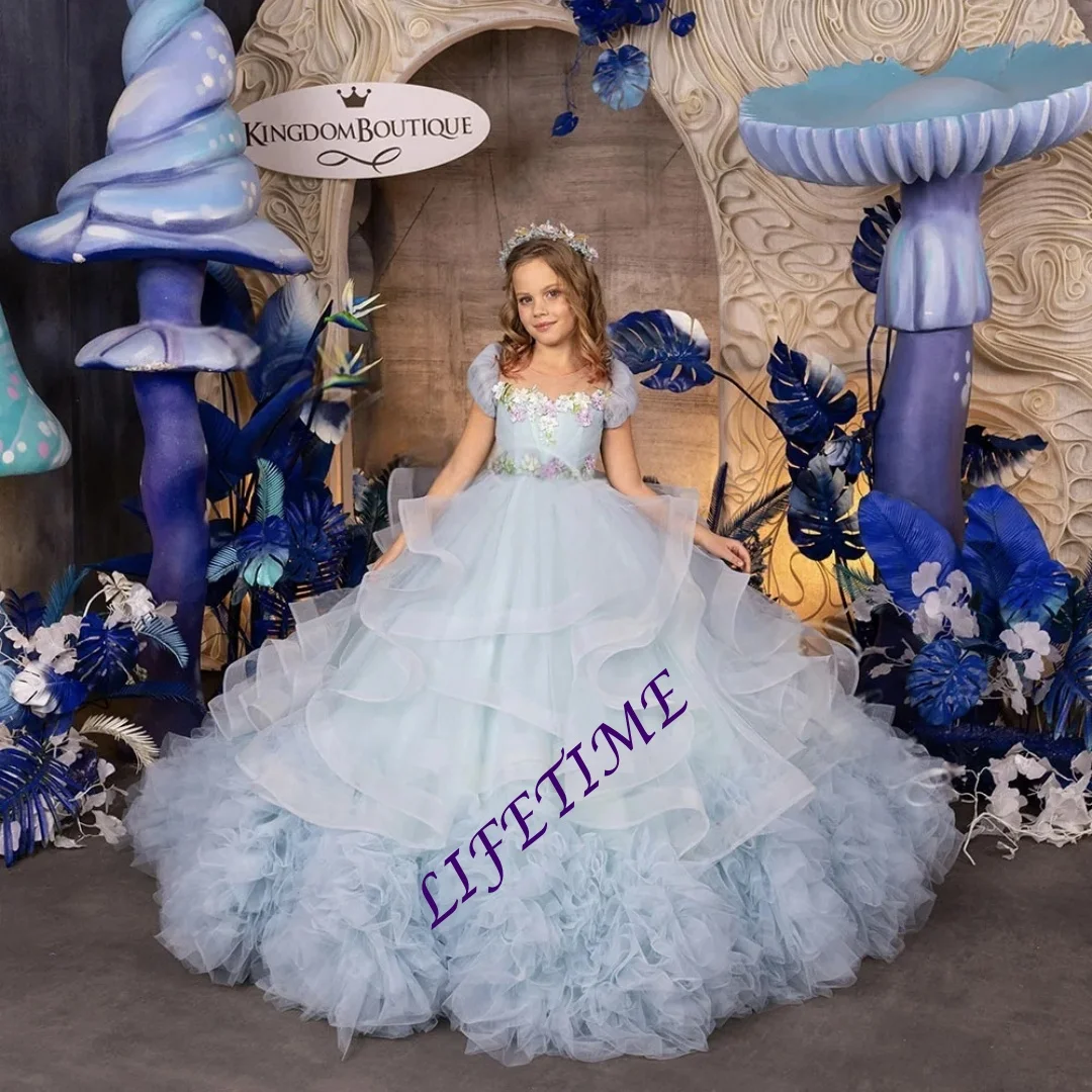 Robe à fleurs pour filles, personnalisée, bleu ciel, superposée, en Tulle, bouffante, pour mariage, fête d'anniversaire pour enfants, robes de bal de première Communion