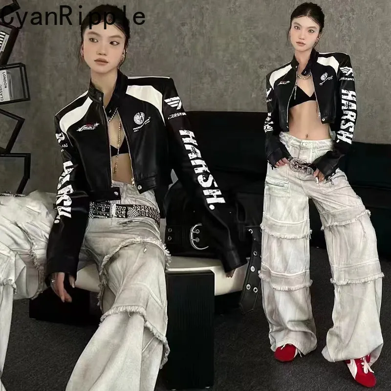 American Street Hot Chick Letters Printed PU Leather Locomotive Jacket New Spring Autumn Stand Collar Super Short Leather Coat