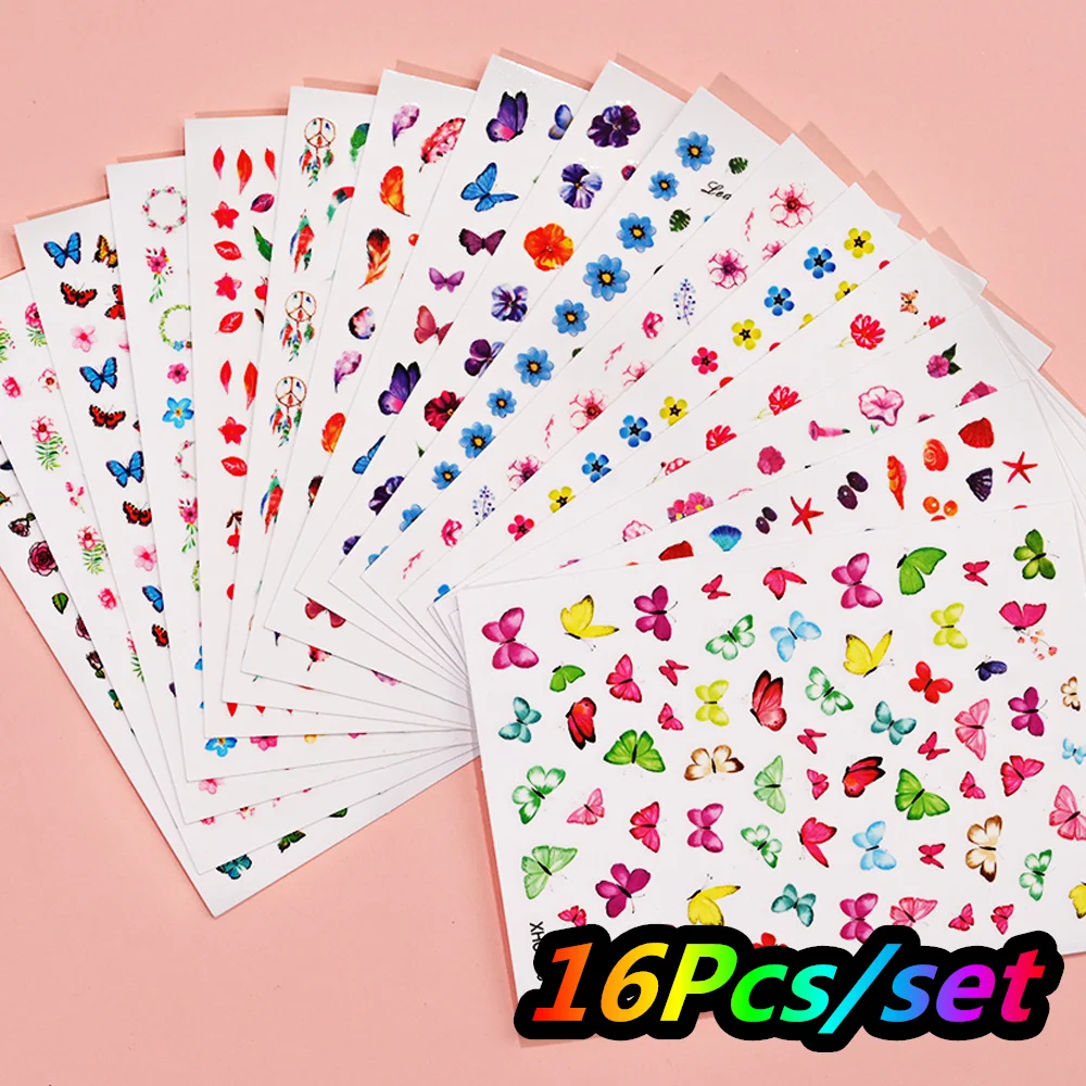 16Pcs/set Butterfly Flowers 3D Nail Stickers Pink/Blue Butterfly Nail Decal DIY Spring Colorful Manicure Floret Butterfly Sider