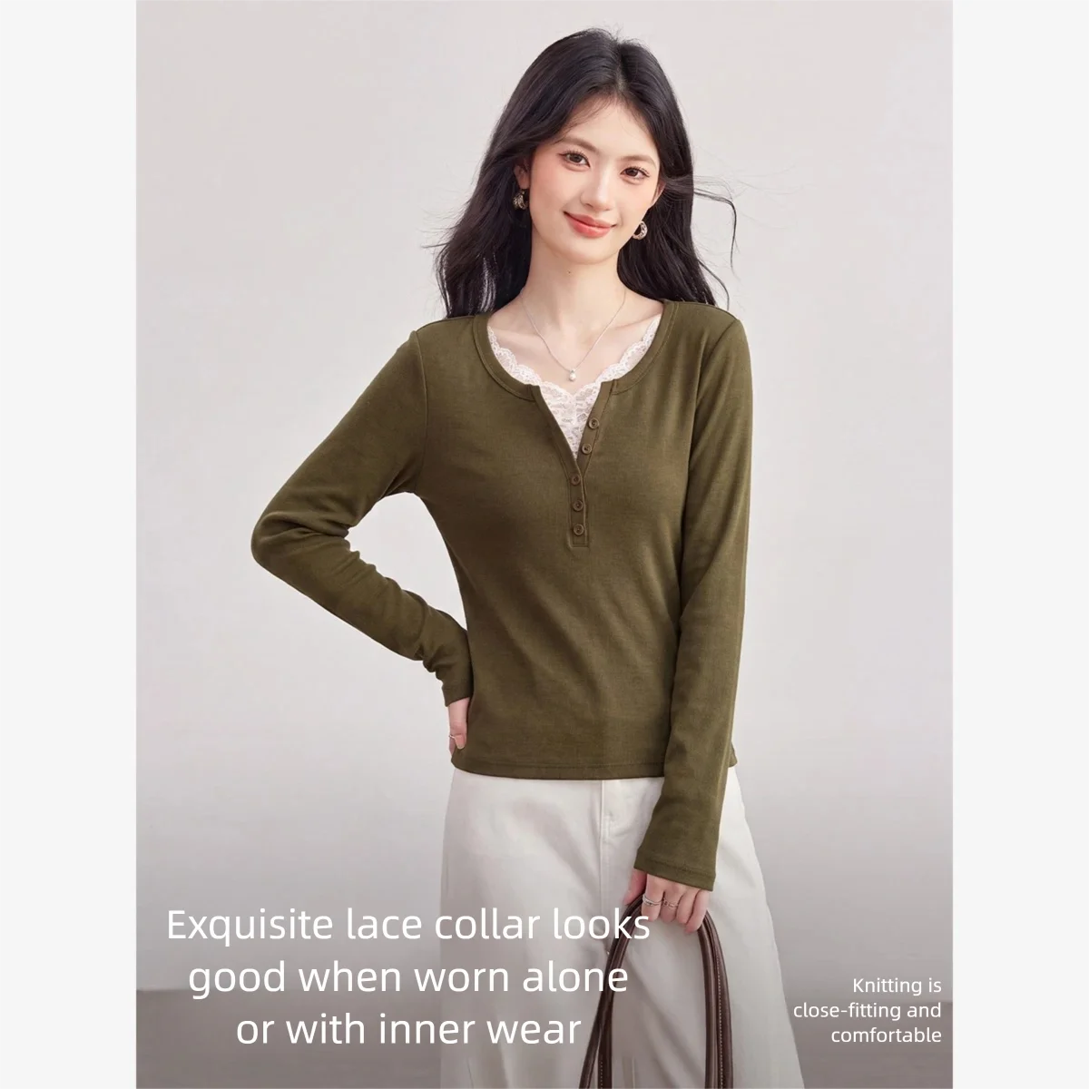 VIMLY Green Long Sleeve T-shirt Women Fashion Henley Neck Lace Spliced Slim-fit Knit T-shirt 2026 Fall Elegant Top Female 31596
