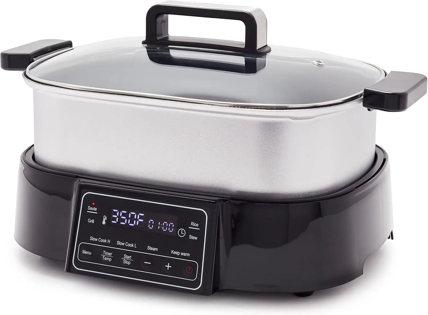 Stainless Steel 8-in-1 Skillet Grill & Slow Cooker, Presets to Saute Steam Stir-Fry and Cook Rice, Healthy Ceramic Nonstick and