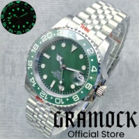 Gramock 40mm Men‘s NH34 Mechanical Wristwatch Sapphire Green Dial Luminous Ceramic Ring Double End Link Strap GMT Watch For Men
