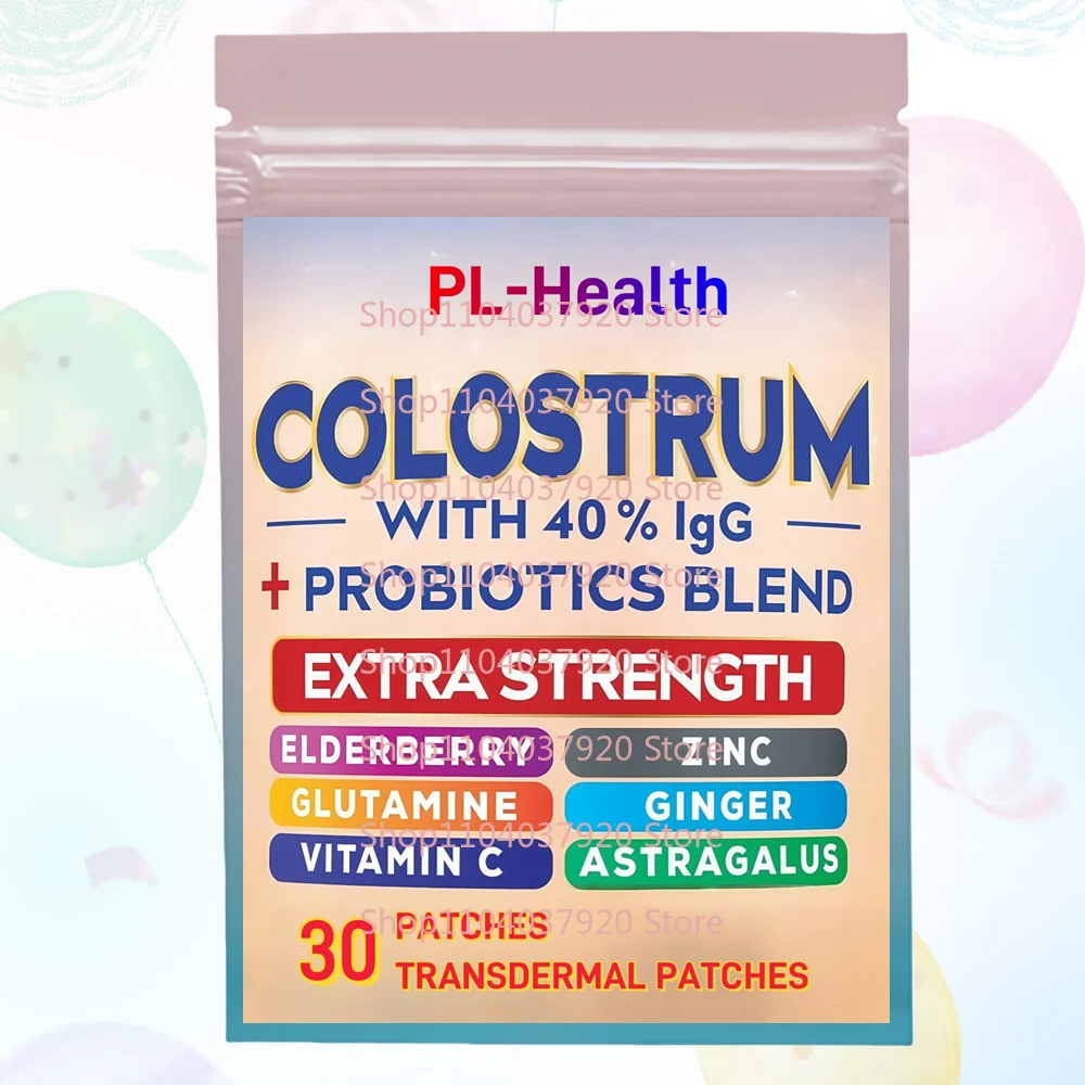 

30 трансдермальных пластырей с молозивом, содержащих 40% IgG, пробиотиками, бузиной, астрагалом, имбирем, витамином С, L-глютамином