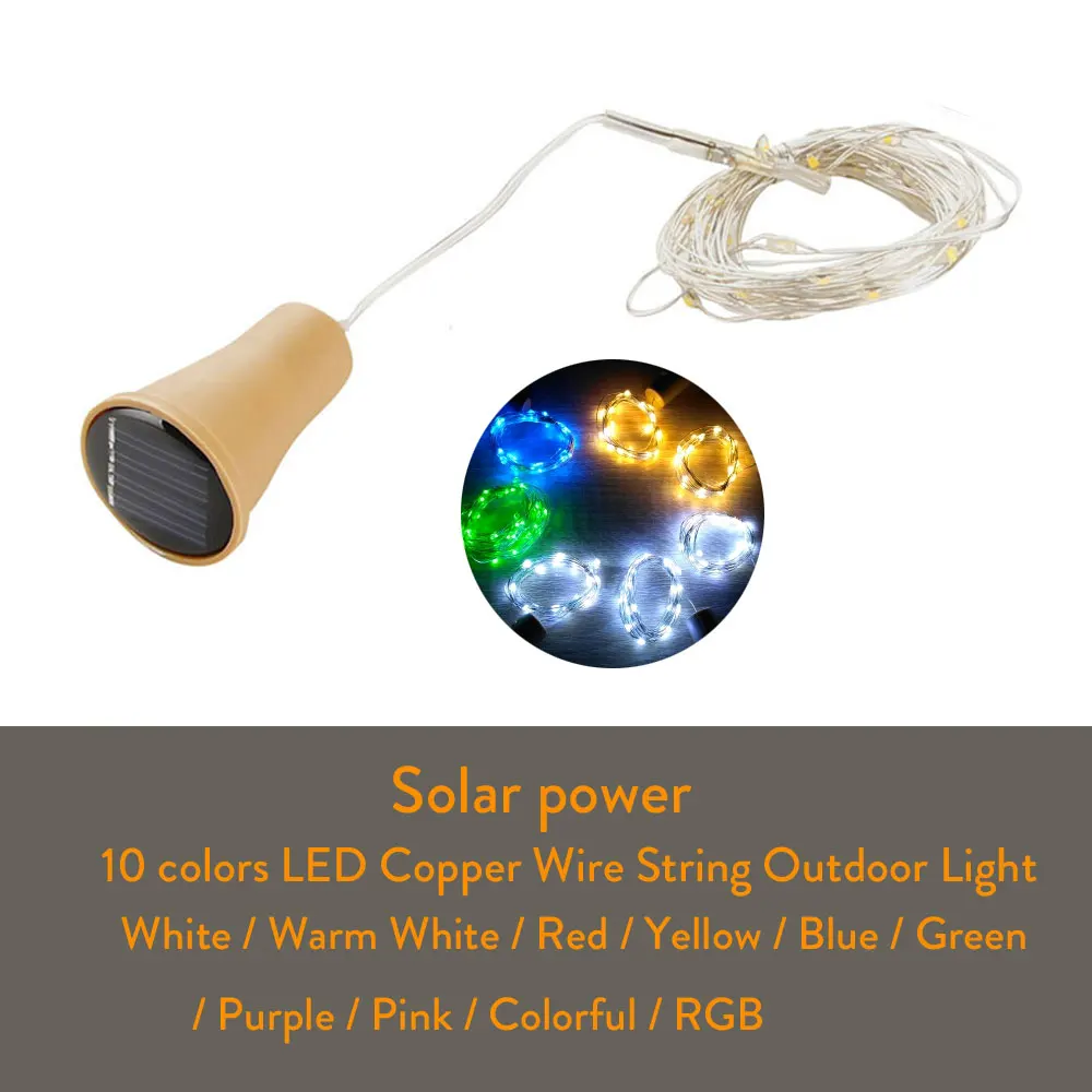 Solar LED 10LED 15LED 20LED 1M/1.5M/2M Cork Wine Bottle Stopper Copper Garland Wire Fairy String Light Outdoor Party Decoration