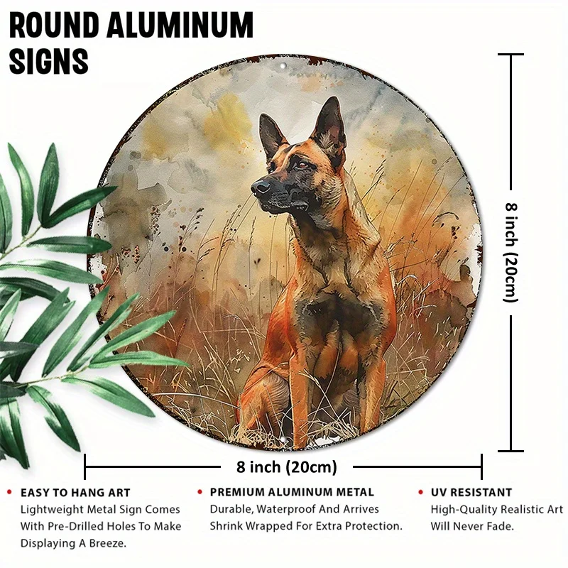 [2D Flat] 1pc 20.32x20.32 cm Round Aluminum Sign - Belgian Malinois Metal Wall Art, Rustic Forest Scene with Dog, Ideal for Home