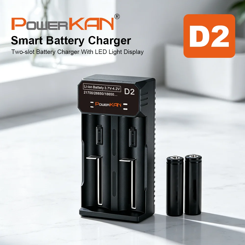 POWERKAN Li-ion D2 21700 Smart Battery Charger 3.7V for 26650 18500 18350 17500 16340 14500 Battery LED Display Type USB Charger