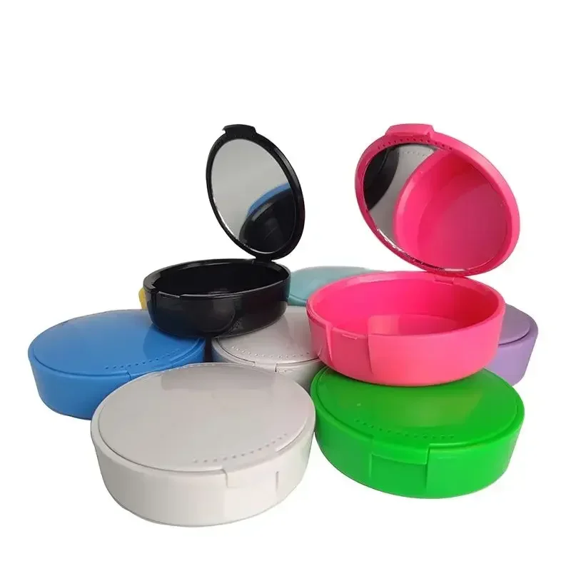 1pc Dental Tooth Storage Box with Mirror Oval Denture Storage Orthodontic Retainer Portable Molar Braces Box 8 Colors Tooth Box