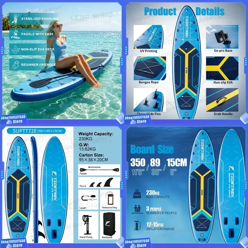 TIDETREK 350*89*15cm 3-Fin System Unisex Inflatable Paddleboard Subs Supboard Beginner-Friendly Ultra Wide ISUP Surfboard sup