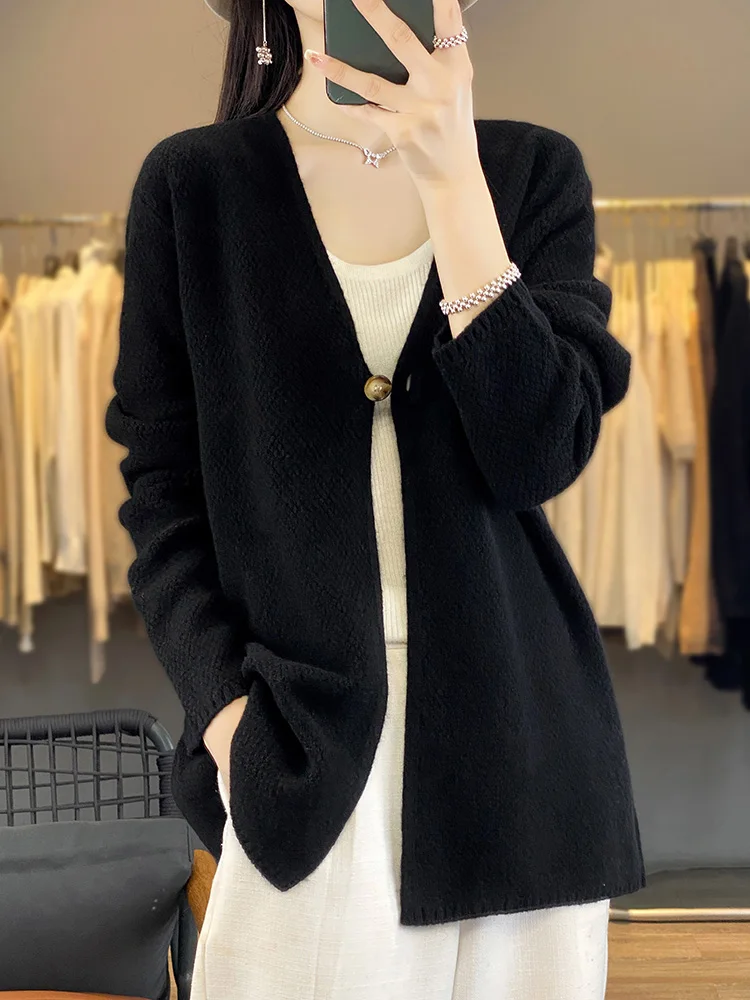 Women V-neck Cardigan Autumn Winter 100% Merino Wool Sweater Vintage Twist Flower Long Sleeve Knitwear Korean Fashion Tops