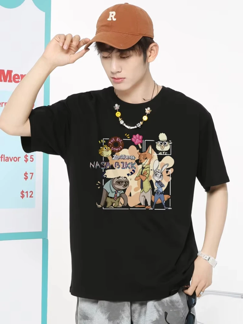 

MINISO Disney Joint Crazy Animal City Short-sleeved T-shirt Men's Summer Judy Nick Cartoon Periphery Loose Cotton Couple Top