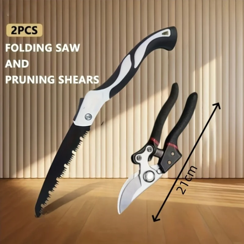 2pcs professional garden tools set, heavy duty folding saw and ultra sharp 8-inch japanese pruning shears with non-slip soft sponge grip, essential trimming tools for plants and trees, perfect for home gardening and landscape maintenance view 2