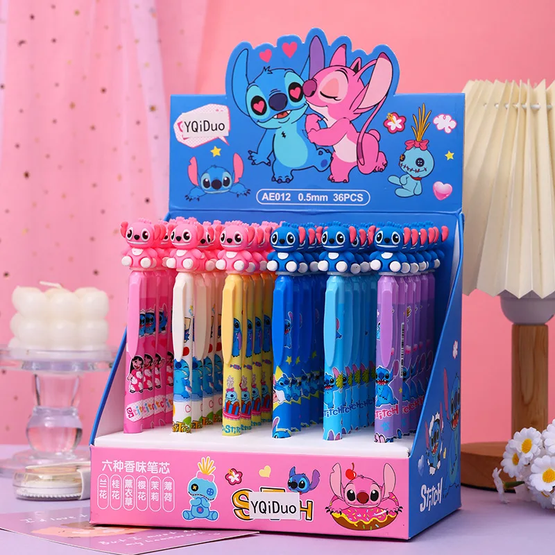 

Stitch 36pcs Paster Gel Pen Cartoon Set Stitch Creative Modeling Side Press 0.5mm Black Doll Pen Student Learning Stationery