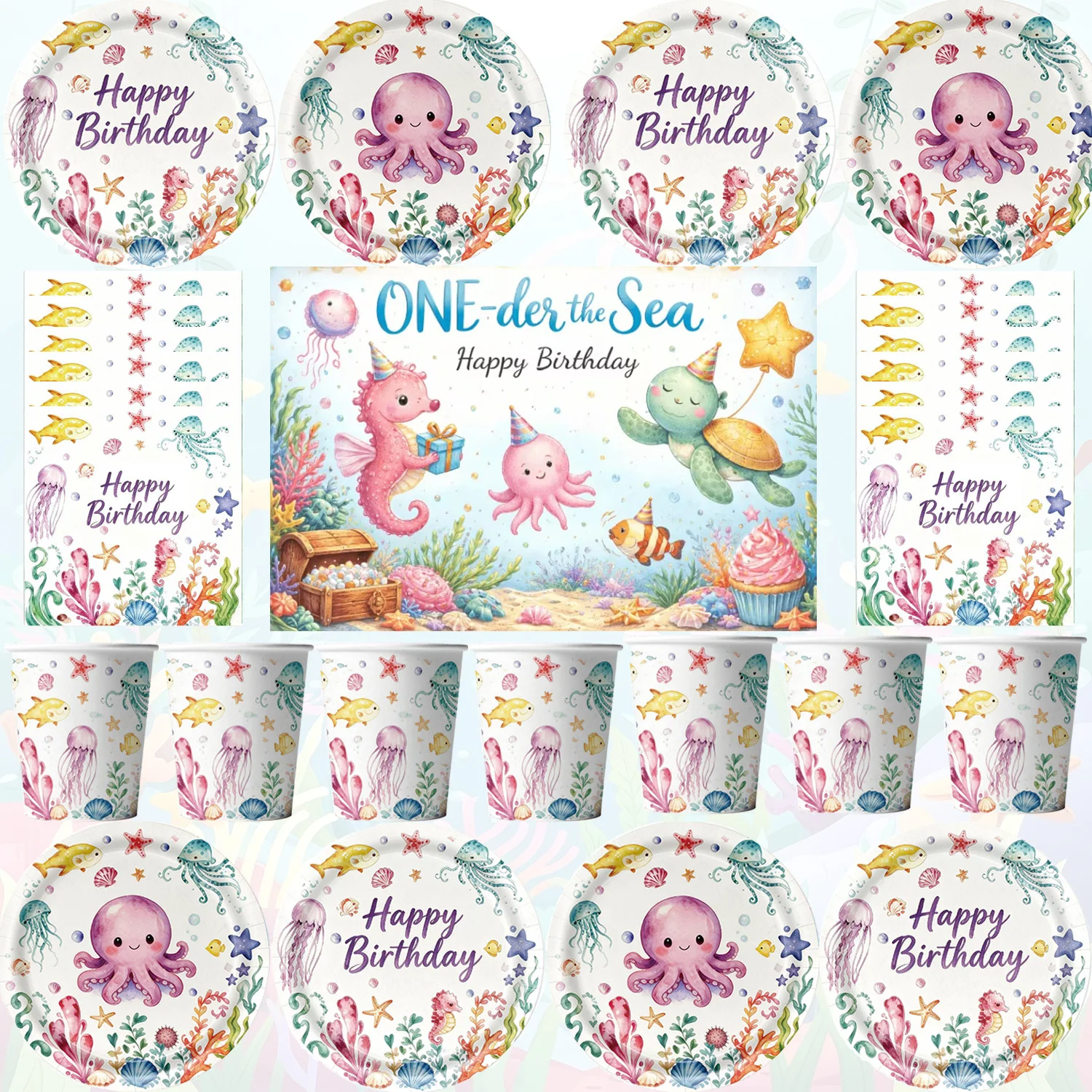 Cartoon Ocean Animals Birthday Party Decor Supplies Sea Cute Turtle Jellyfish Octopus Plates Napkins Cups Tableware Set Backdrop
