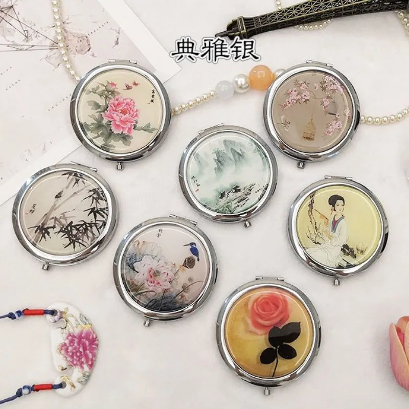 Piccoli specchi portatili pieghevoli per le donne, pittura cinese, luce retrรฒ Vintage, trucco in metallo di lusso, Mini specchio tascabile, regali
