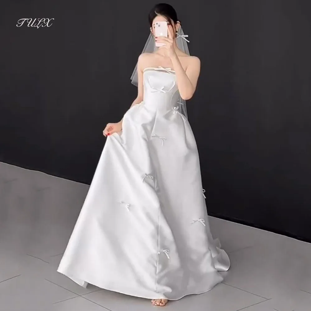 

TULX Princess Ivory Satin Wedding Dress Photo Shoot Strapless Bow Korea Bridal Gowns Corset A line Long Customized 웨딩드레스