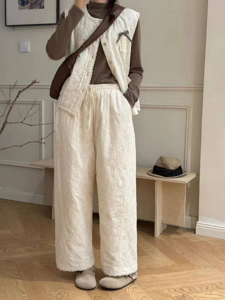 

Soft Cotton Straight Leg Pants Embroidered Diamond Pattern High Waist Long Trousers Warm Comfortable Autumn Winter Slimming