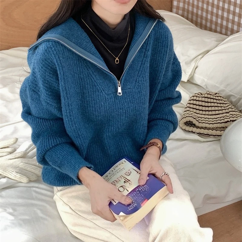 REALEFT Autunno Inverno Vintage Mezza Dolcevita Maglioni da donna allentati Manica lunga Cerniera Casual Pullover lavorato a maglia coreano Donna