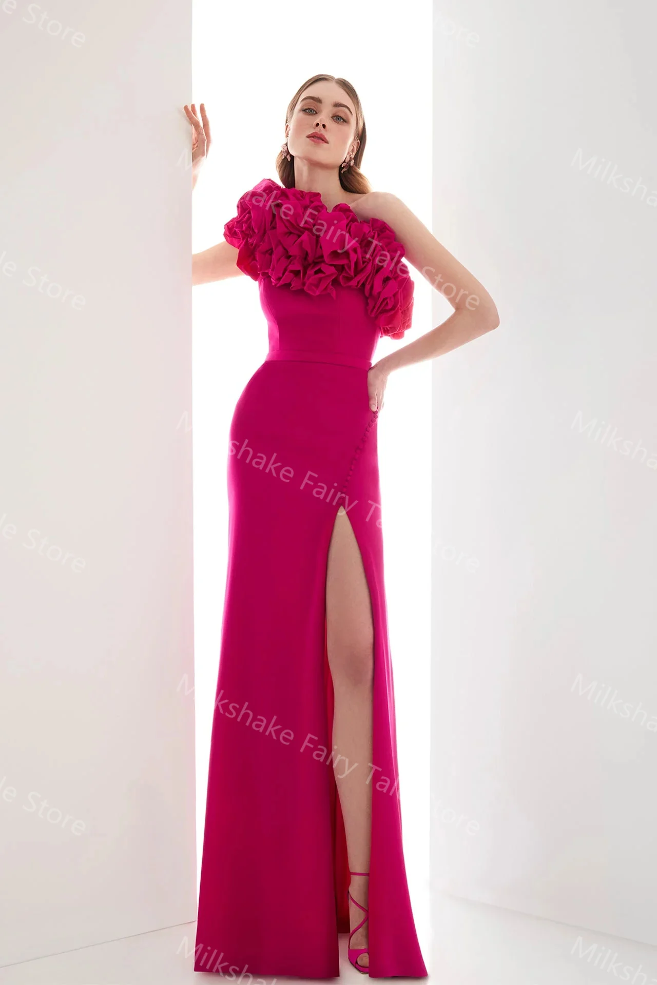 Vintage Fuchsia Evening Dresses One Shoulder Ruffles Sleeveless Women Prom Gowns Sexy Side Split Sweep Train Girls Party Gowns