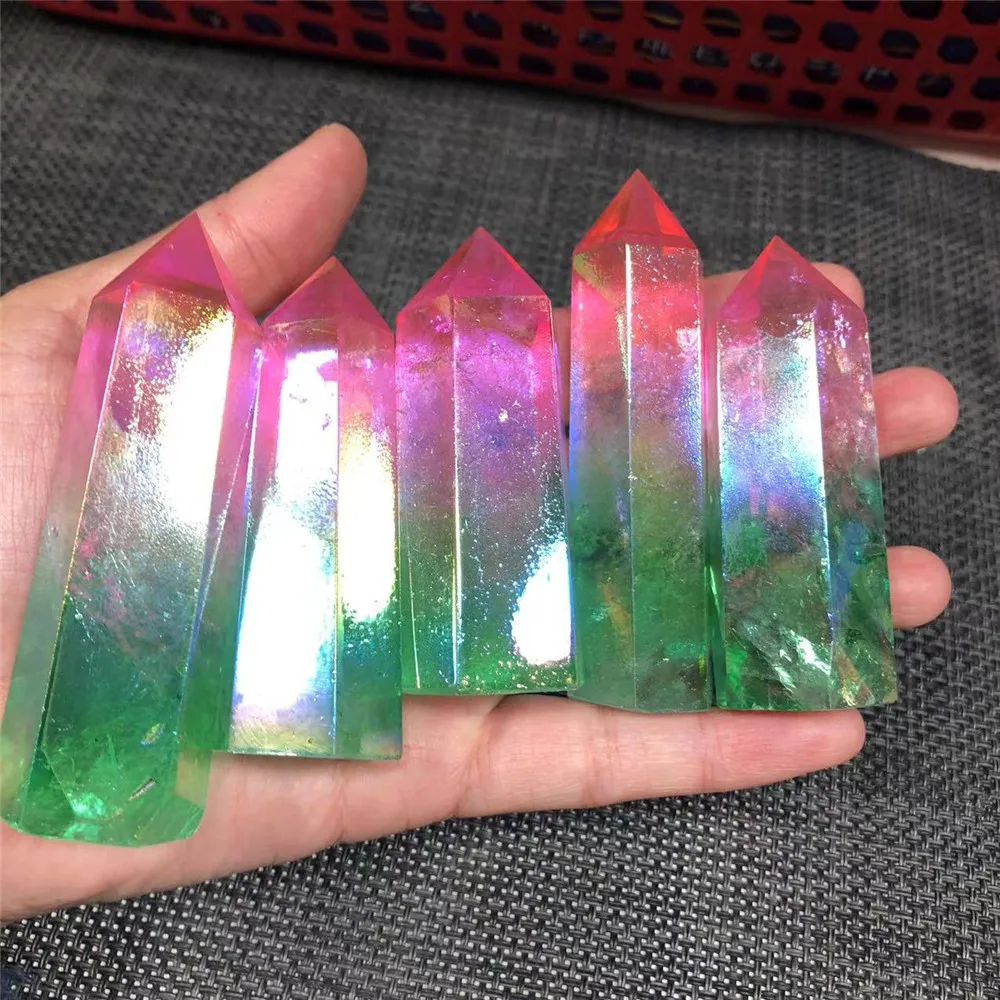 Natural Aura Clear Quartz pink and green Crystal Point Electroplating Wand Healing Stone Energy Quartz Reiki Tower for Gifts