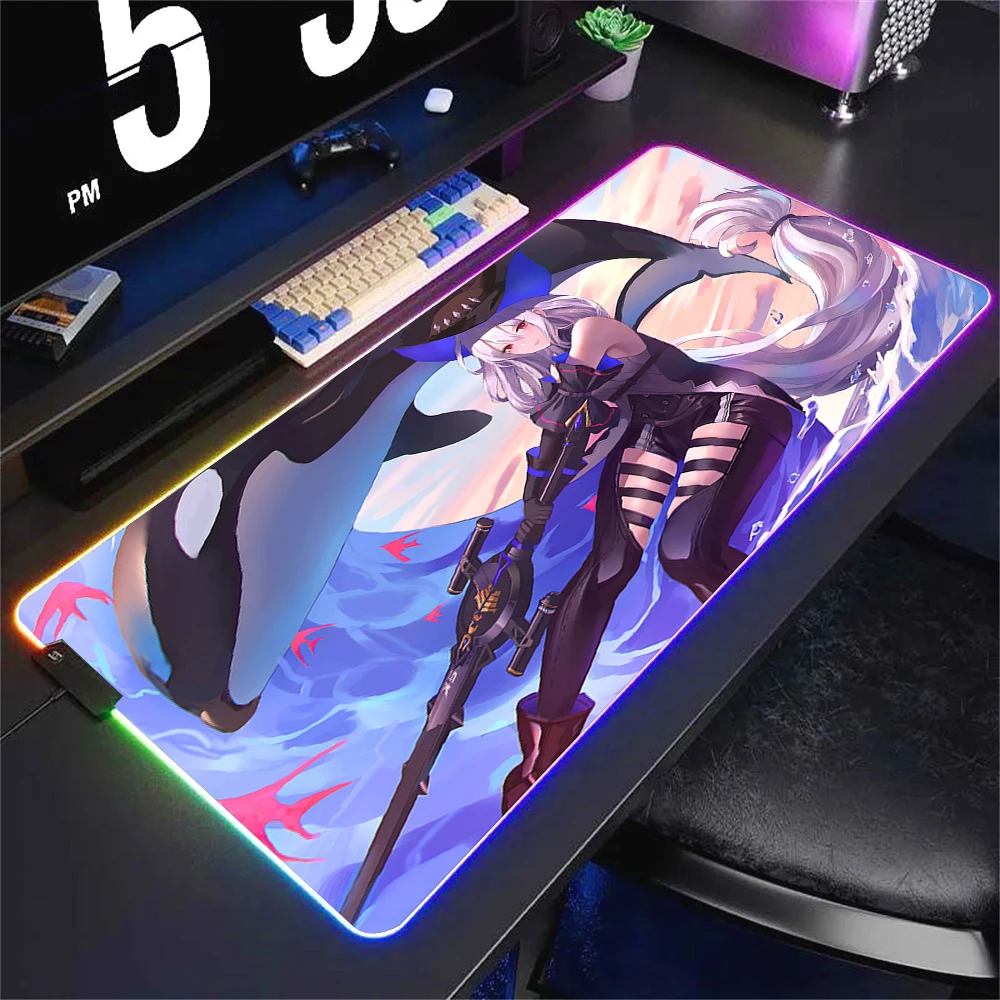 Gamer Arknights Backlight Mousepad RGB Anime Girl Skadi Rubber Mouse Pad Gaming Luminescence Non-slip Desk Mat XXL Keyboard Mats