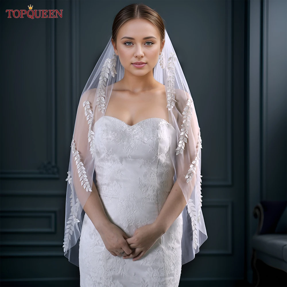 TOPQUEEN Boho Wedding Veils Sequined Leaf Shape Beaded Edge Bridal Veil 2024 Single Tier Beaded Lace Fingertip/Knee Length V244