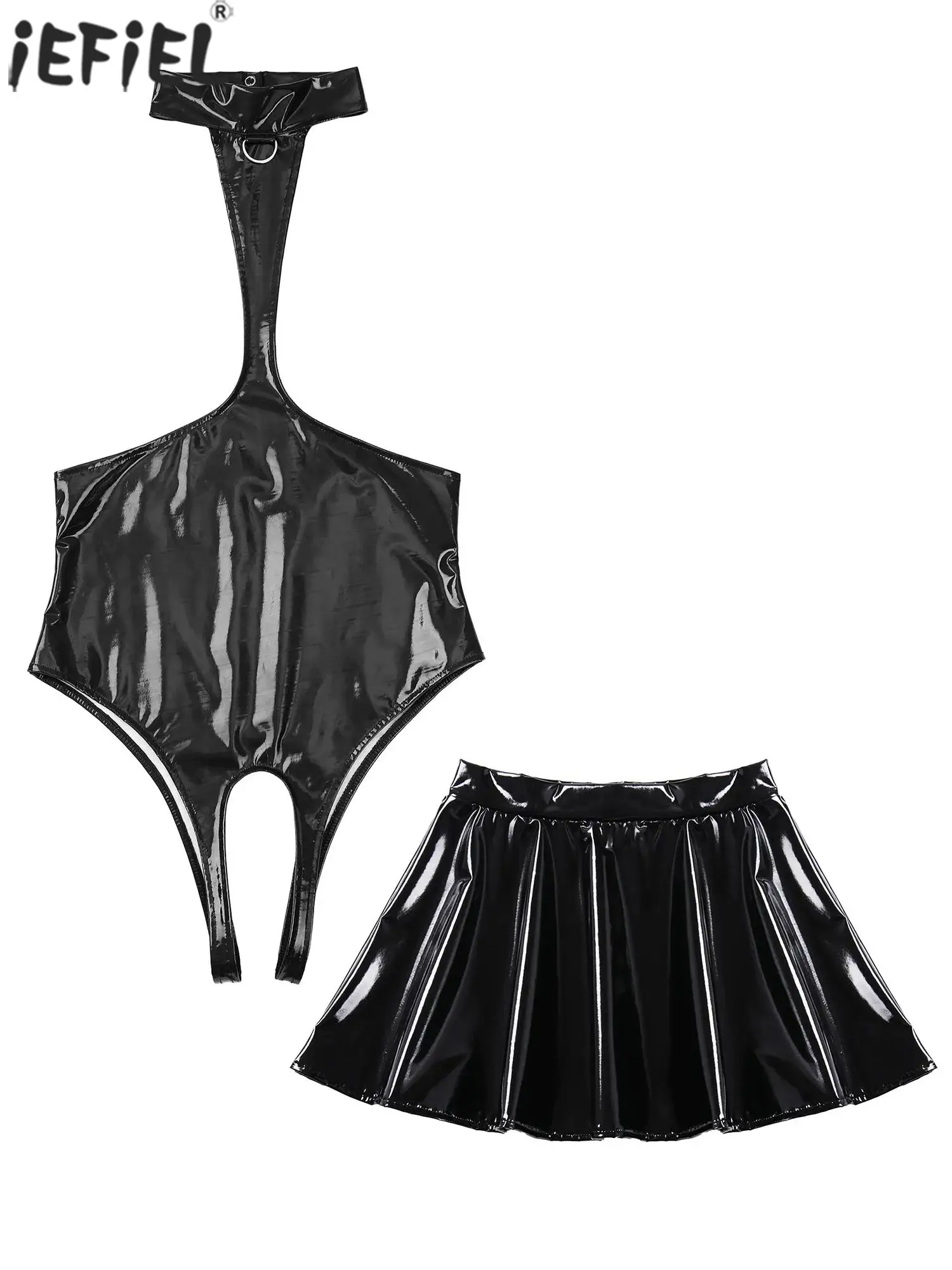 

Women Adult Wet Look Lingerie Open Chest Halter Crotchless Flaunting Bodysuit And A-Line Miniskirt Lingerie Tempting Nightwear