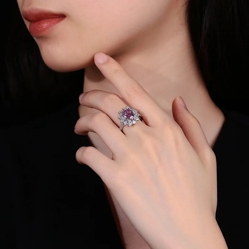 SONGYUN High Carbon Gemstones Jewelry S925 Sterling Silver Women's Ring, Ice‑cut Full‑Paved Pink Carbon Diamond