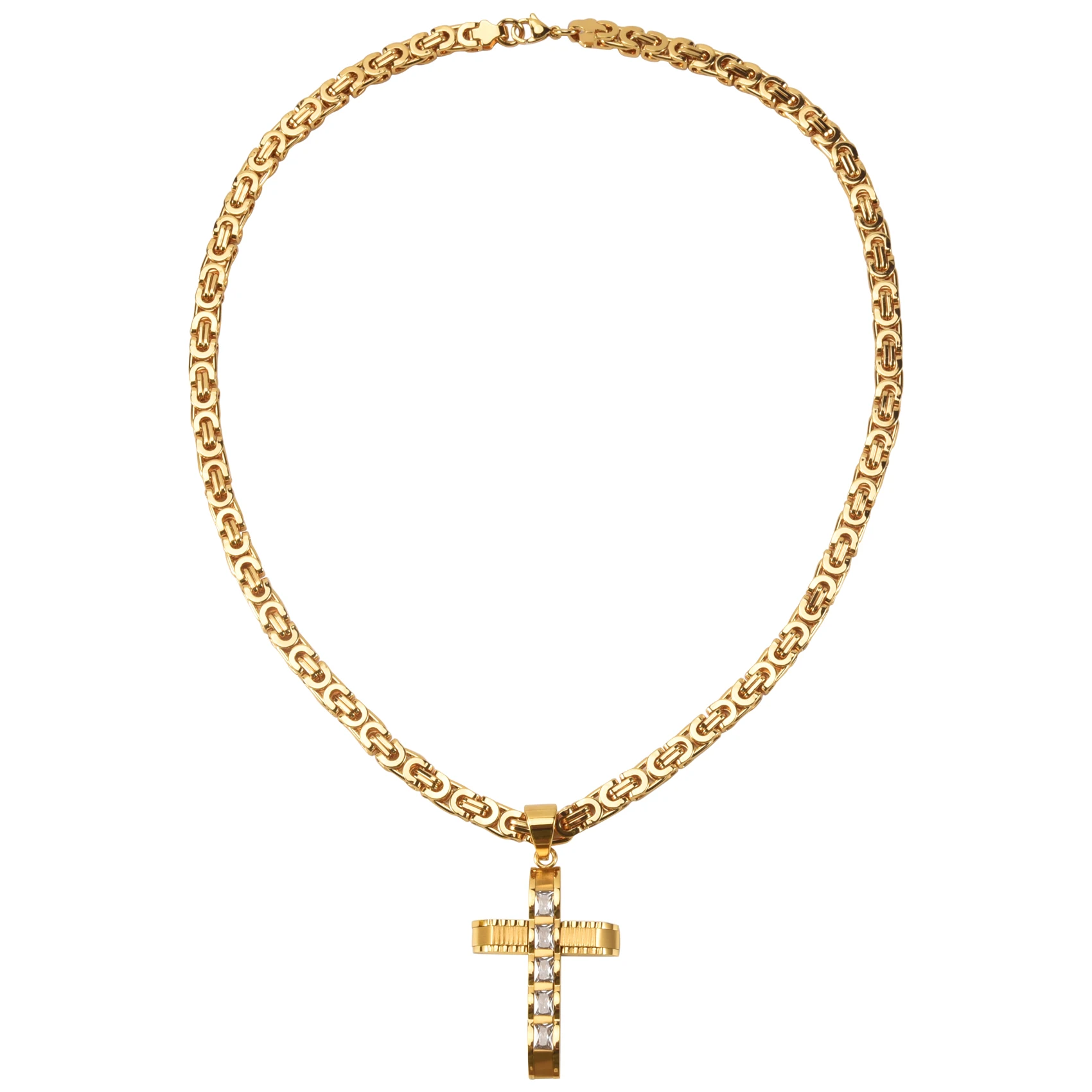 Mens Stainless Steel Gold Cross Zircon Pendant Necklace Flat Chain Tone 6Mm 22Inch