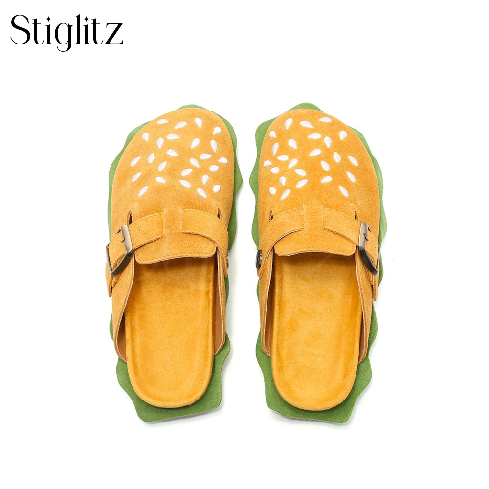 Pantofole per Hamburger per uomo novità stile Designer muli in pelle scamosciata calzature Slip-On Creative chiusure metalliche pantofole nuovi