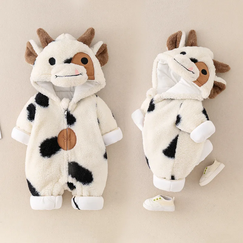 Christmas Lovely Cow Baby Girls Boys Romper Jumpsuits Winter Thicken Onesie Cartoon Children Bodysuit Soft Baby Hoodie Coverall