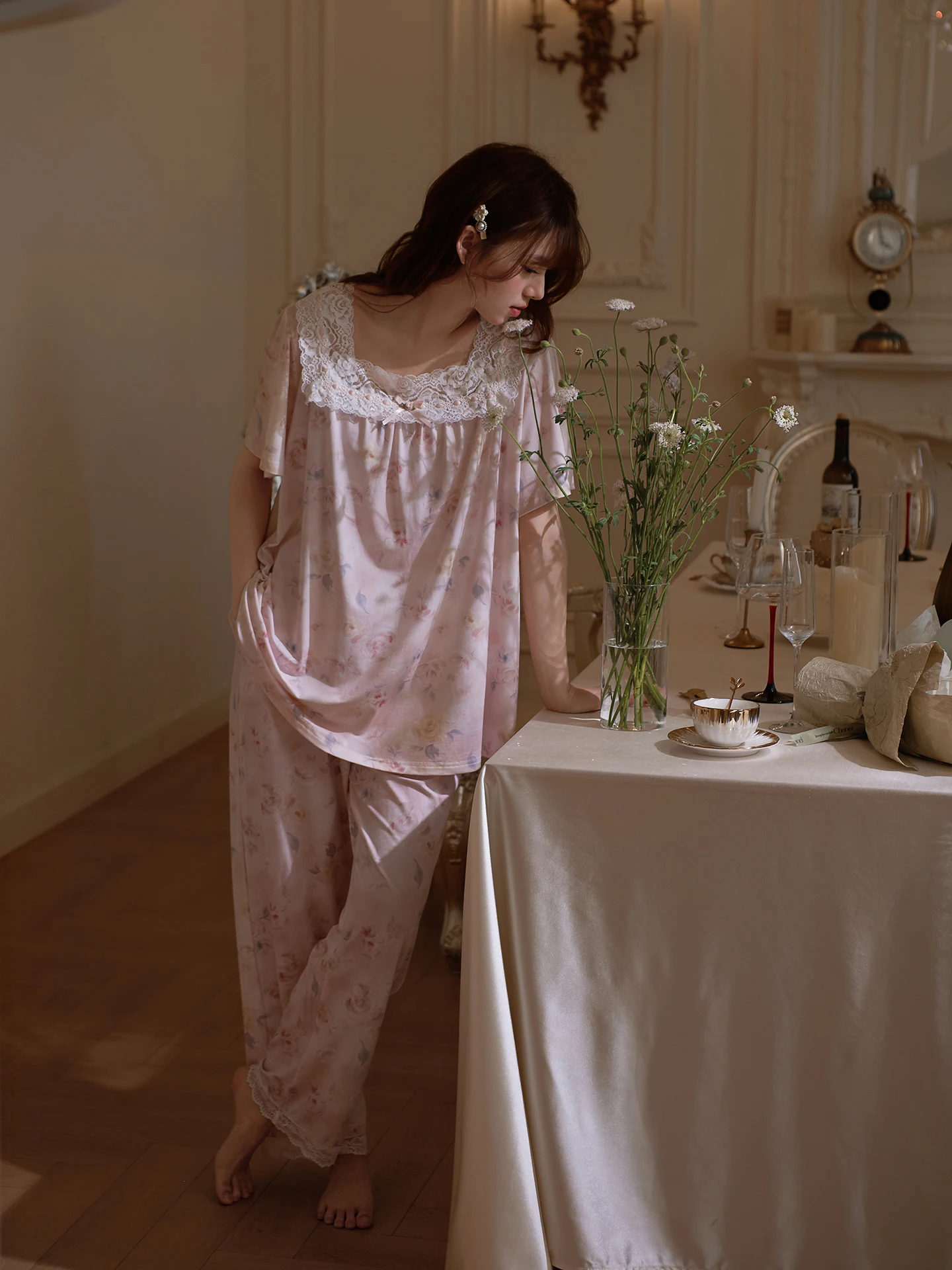 mrs-si-li-modal-sleepwear-women's-short-sleeve-long-pants-square-collar-lace-home-clothes-comfortable-breathable-summer-pyjamas