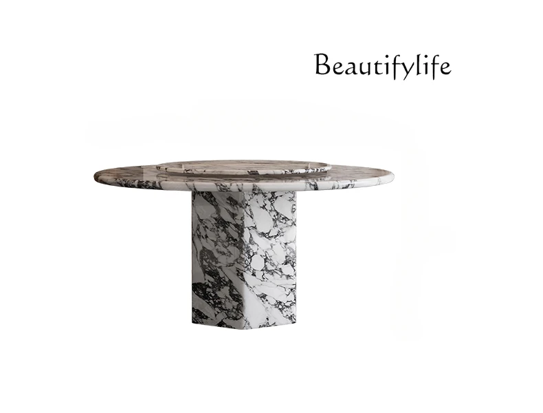 

French Retro Affordable Luxury round Marble Dining-Table Household Small Apartment with Turntable Modern Minimalist