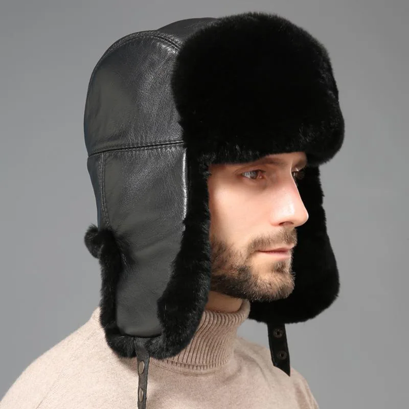 

Rex Rabbit Fur Lei Feng Hat For Men Winter Genuine Sheepskin Rabbit Fur Caps Russians Thick Warm Ear Protection Hats Bomber Caps