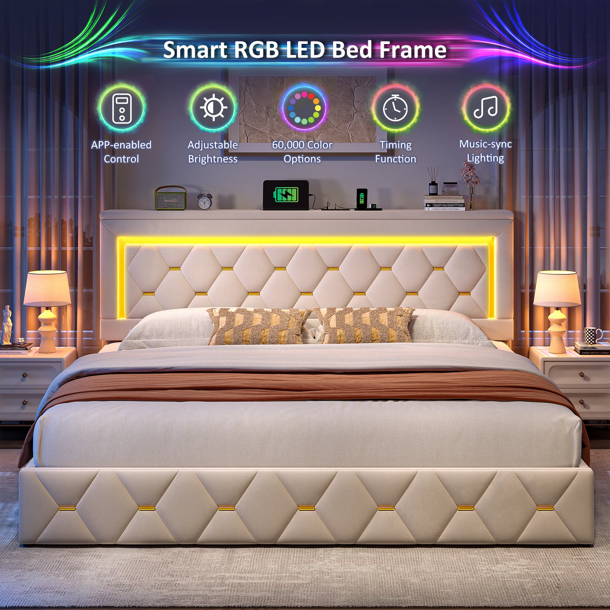 EnHomee LED Bed Frame with 4 Storage Drawers Platform Bed with Adjustable Storage Headboard & Charging Station, No Box Spring Needed