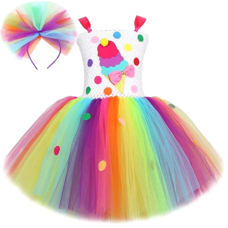 Princess tulle dress with kids' ice cream and candy theme, rainbow sheer tulle tutu for girls, formal gown for holiday parties