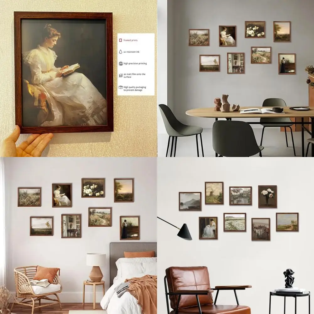 

8x10 Vintage Wall Art Set: Brown Framed Country Gallery with Figurative, Landscape, and Floral Paintings for Home Decor