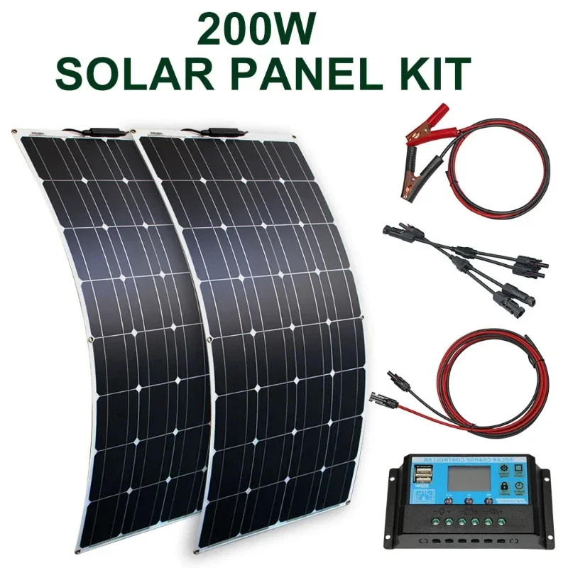 100w 200w Flexible Solar Panel with 10A/20A Solar Regulator Cable for 12v Battery Charger Home Roof