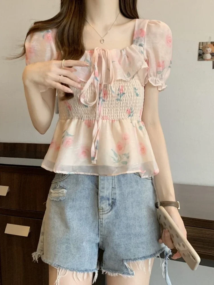 Fashion Sweet Blouses Squard Collar Puff Sleeve Ruffles Pleated Lace Up Shirts Summer Crop Tops Female Slim 2024 Women Clothing